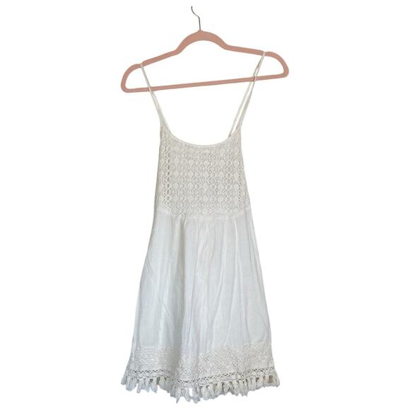 L SPACE Aloha Mini Dress Crochet Fringe Floral White Coverup Summer Size Medium - Picture 2 of 8